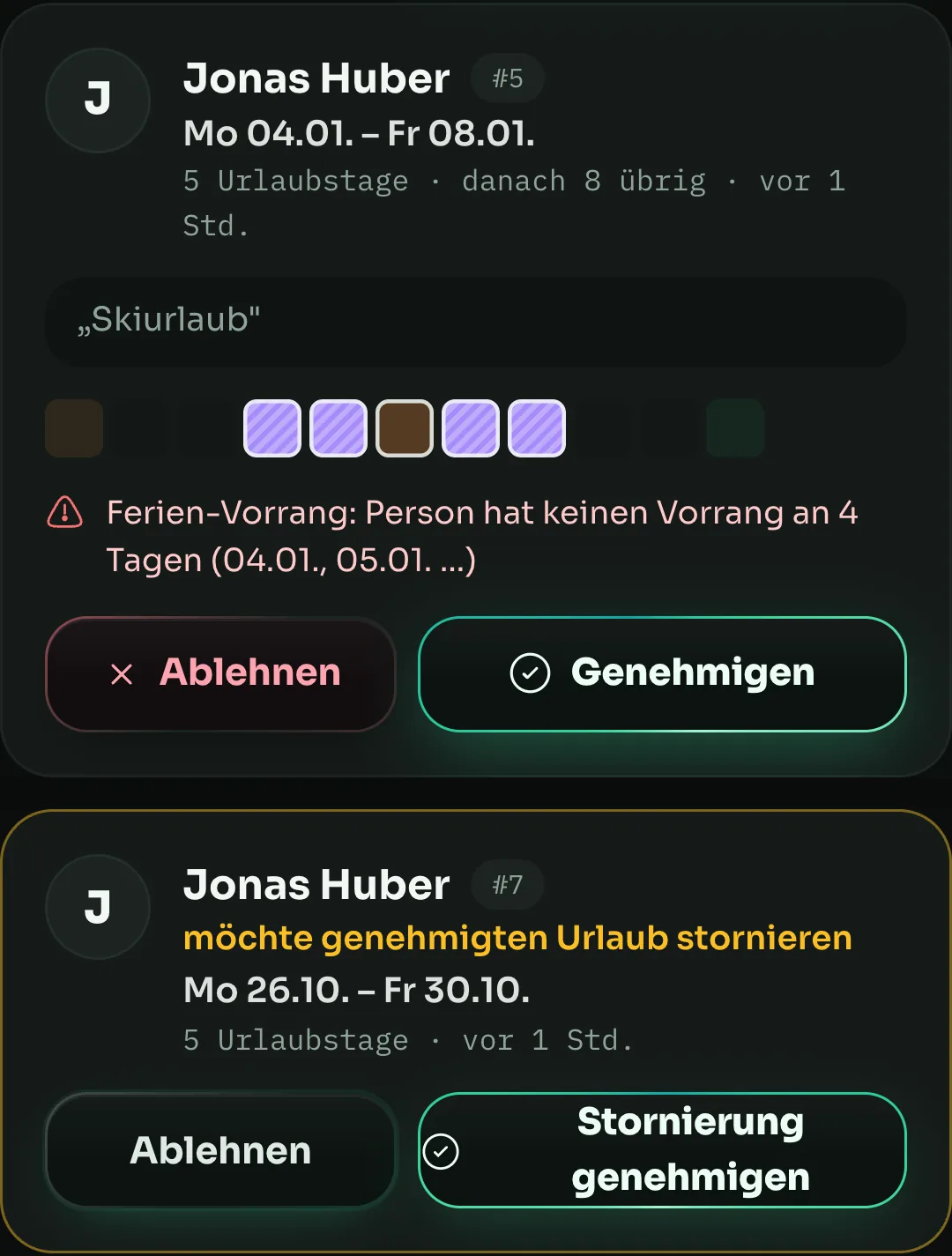 maXXteam app: request cards with a school-holiday priority notice and a cancellation request