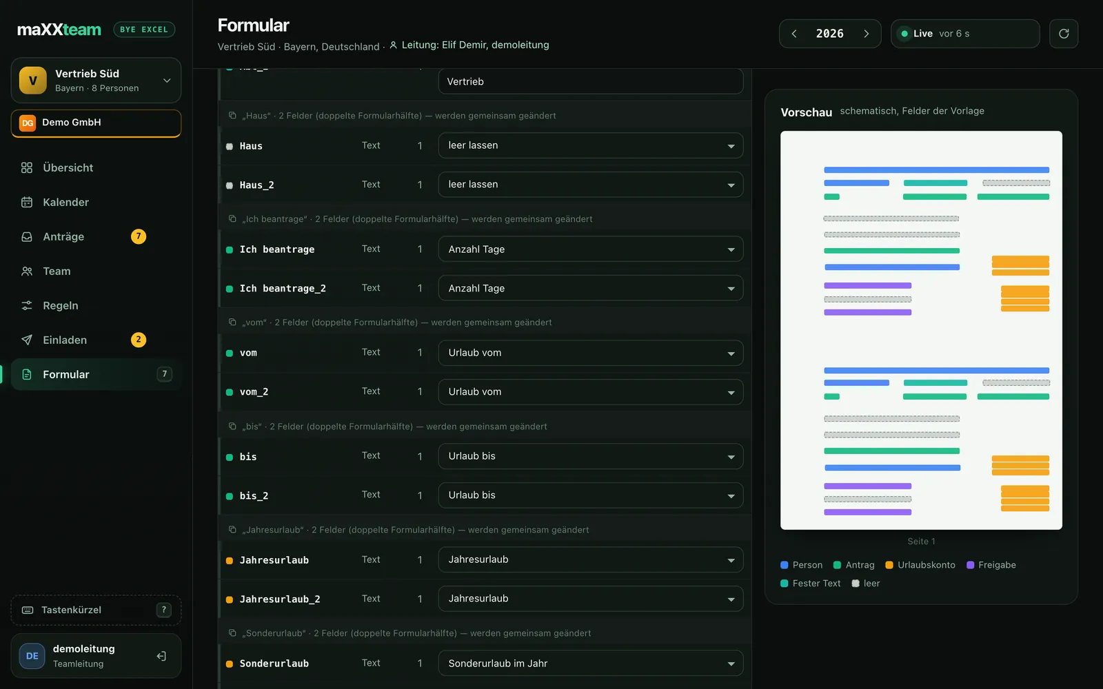 maXXteam dashboard: Form page with PDF field mapping and a schematic preview