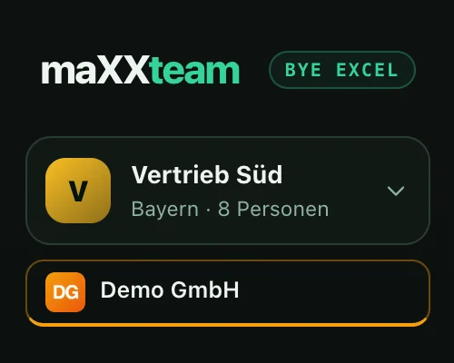 maXXteam dashboard: sidebar with team name and company logo of the sample company “Demo GmbH”