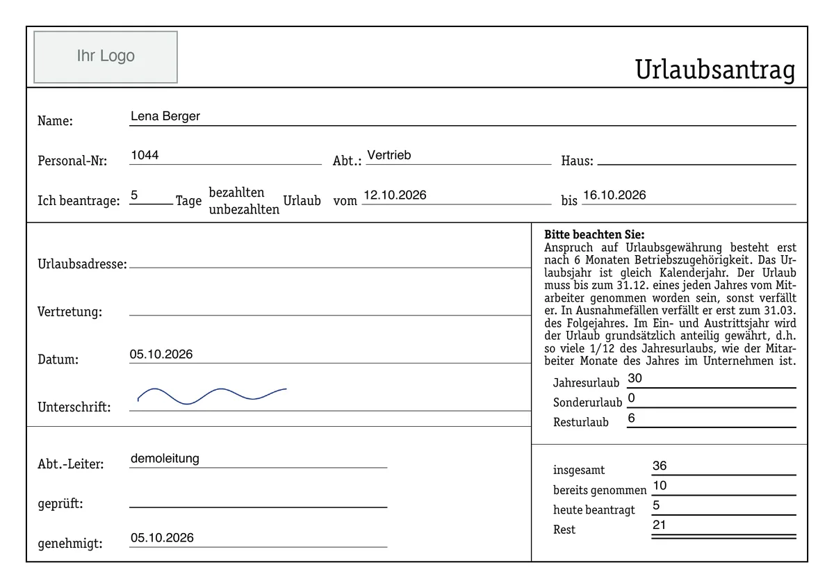 Example: filled-in time-off request as a PDF with name, employee ID, period, vacation balance and signature