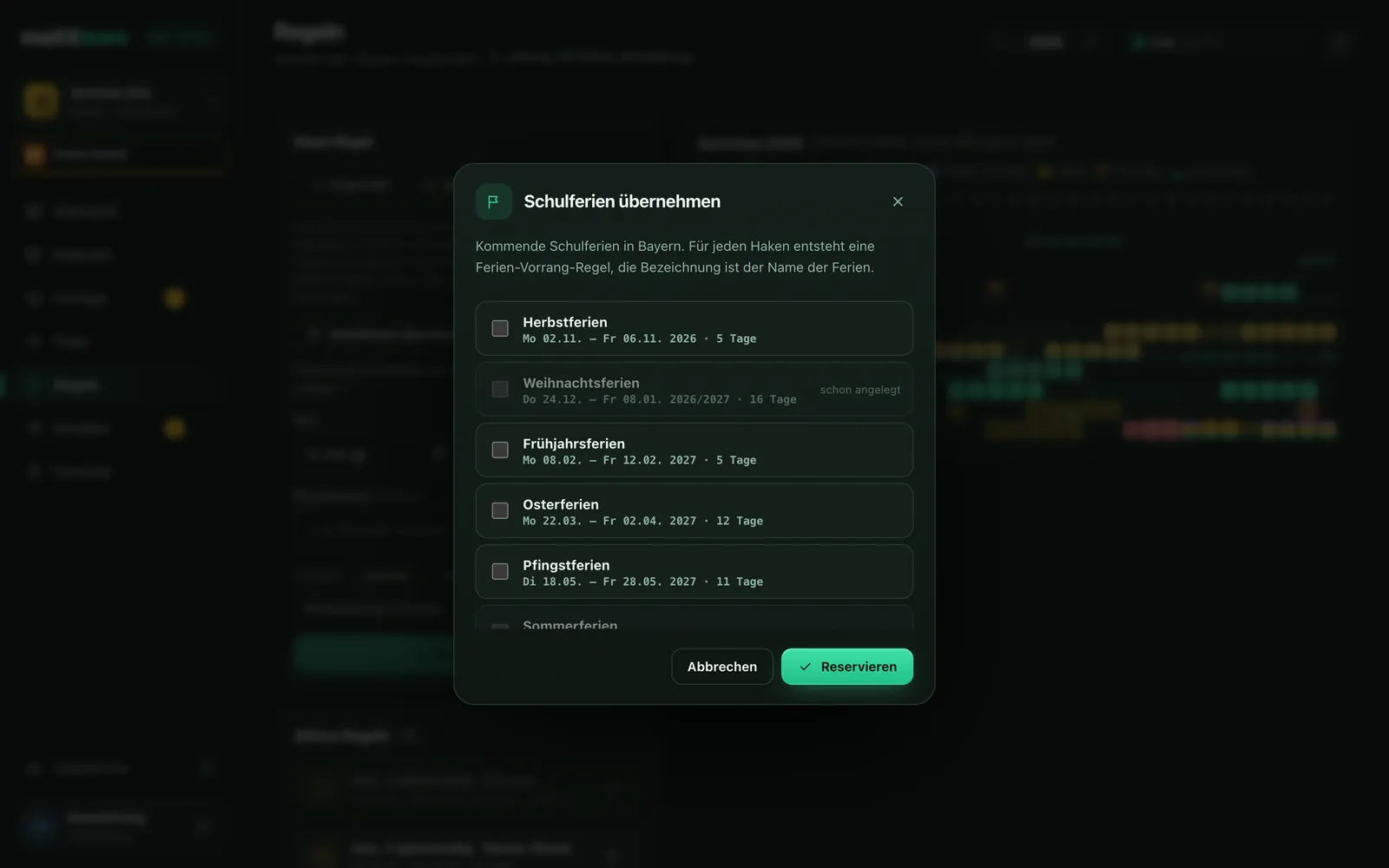 maXXteam dashboard: “Import school holidays” dialog with the upcoming holidays in Bavaria