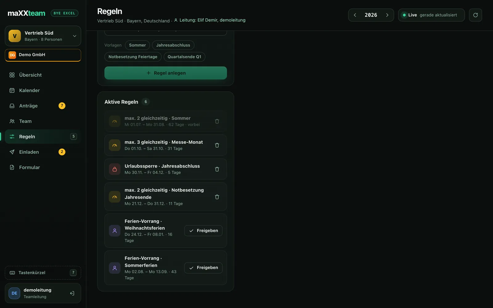 maXXteam dashboard: active rules with two school-holiday priority periods and a “Release” button