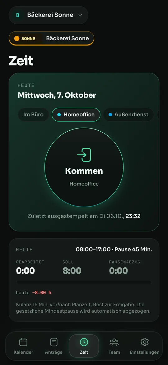 maXXplan app: clock in with a choice of home office, field work, business trip